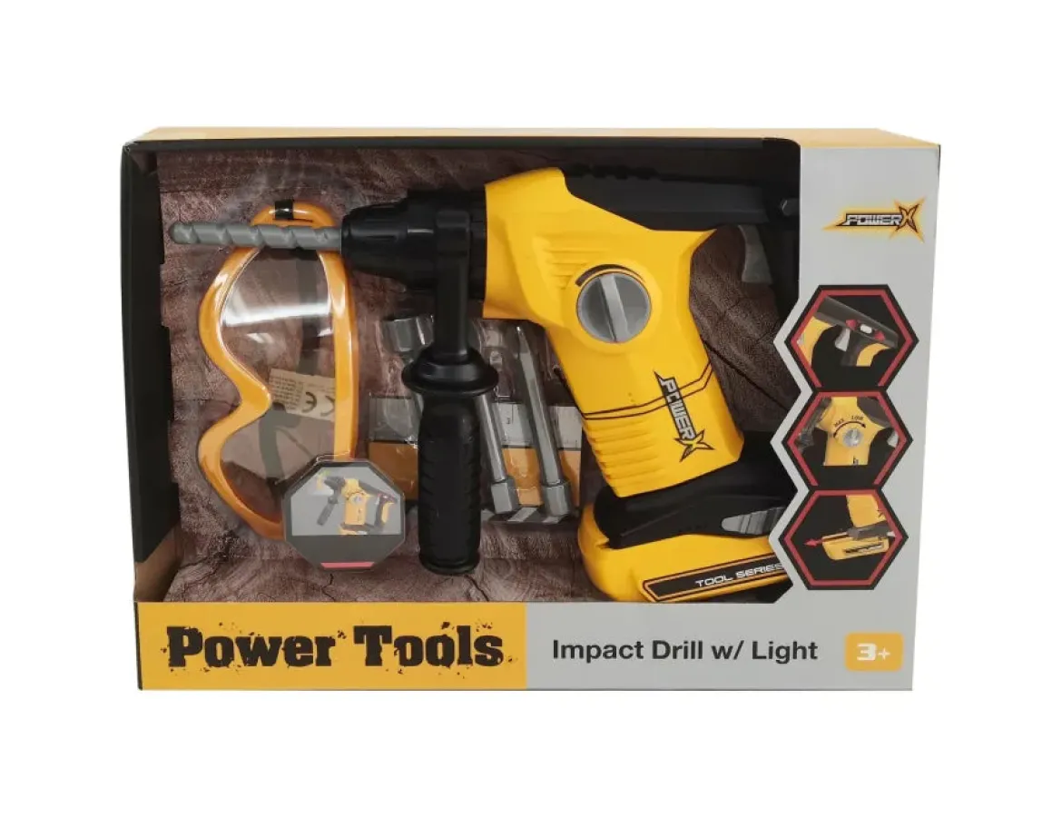 Power Tools Lasten Iskuporakone Valolla ja Äänellä +Suojalasit Leikkisetti