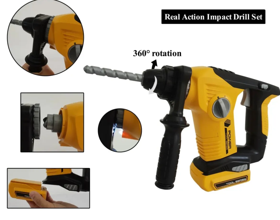 Power Tools Lasten Iskuporakone Valolla ja Äänellä +Suojalasit Leikkisetti